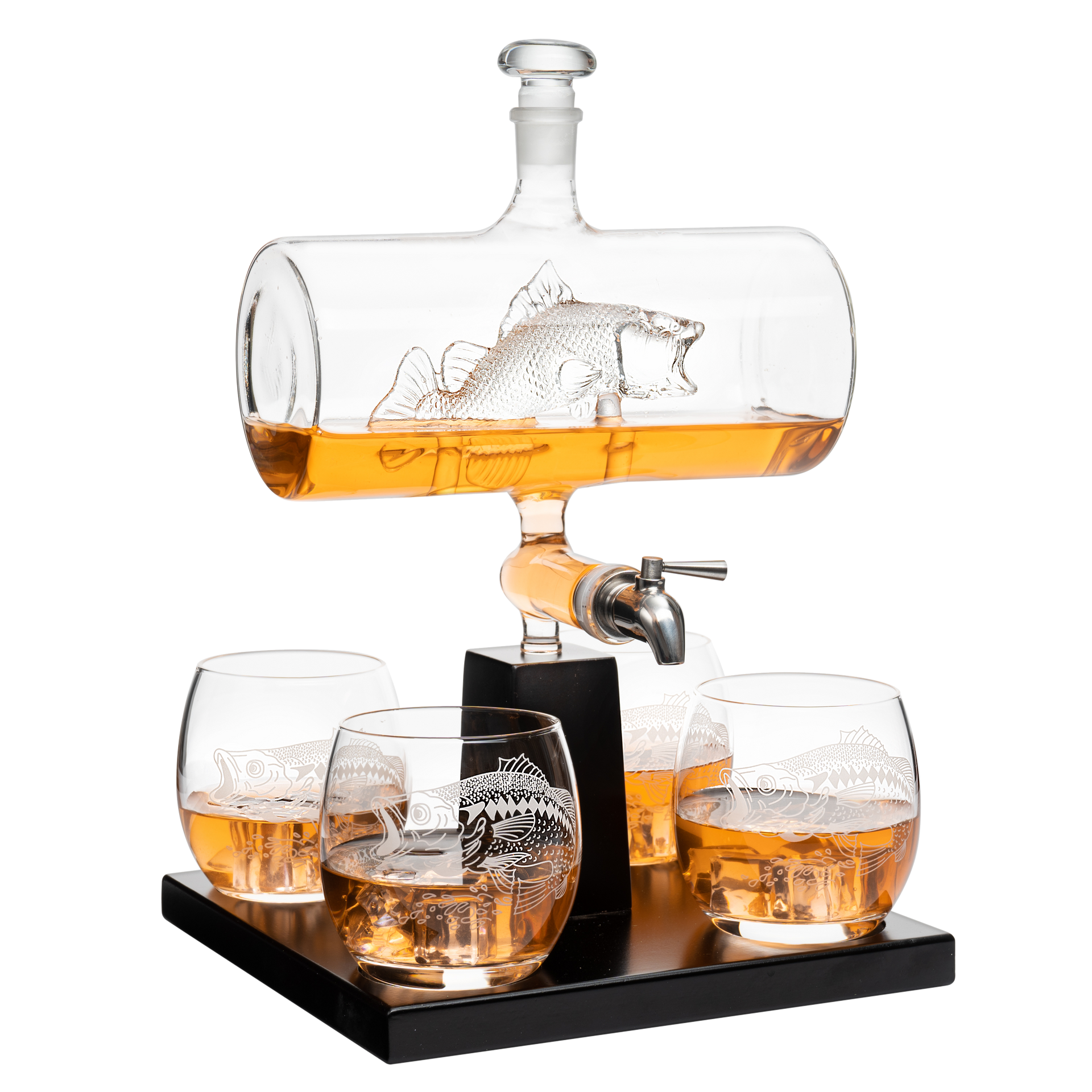 Bass Fish Wine & Whiskey Decanter Set 1100ml by The Wine Savant with 4 Bass Whiskey Glasses, Fishing Gifts, Fisherman Gifts, Boating Gifts, Drink Dispenser Scotch, Bourbon,Gifts for Dad