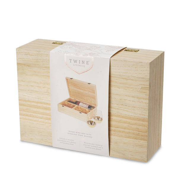 Wood Wine Gift Box with 2 Stemless Glasses
