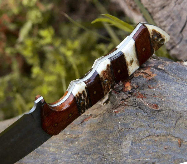 Sentinel Gut Hook Hunting Knife With Antler & Exotic Rose Wood Mosaic Handle - Gifts for You 'n Me
