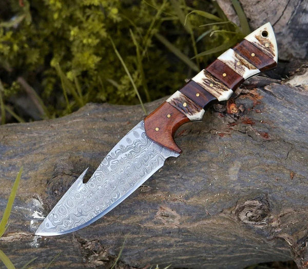 Sentinel Gut Hook Hunting Knife With Antler & Exotic Rose Wood Mosaic Handle - Gifts for You 'n Me