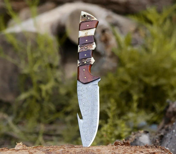 Sentinel Gut Hook Hunting Knife With Antler & Exotic Rose Wood Mosaic Handle - Gifts for You 'n Me
