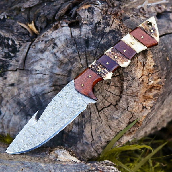 Sentinel Gut Hook Hunting Knife With Antler & Exotic Rose Wood Mosaic Handle