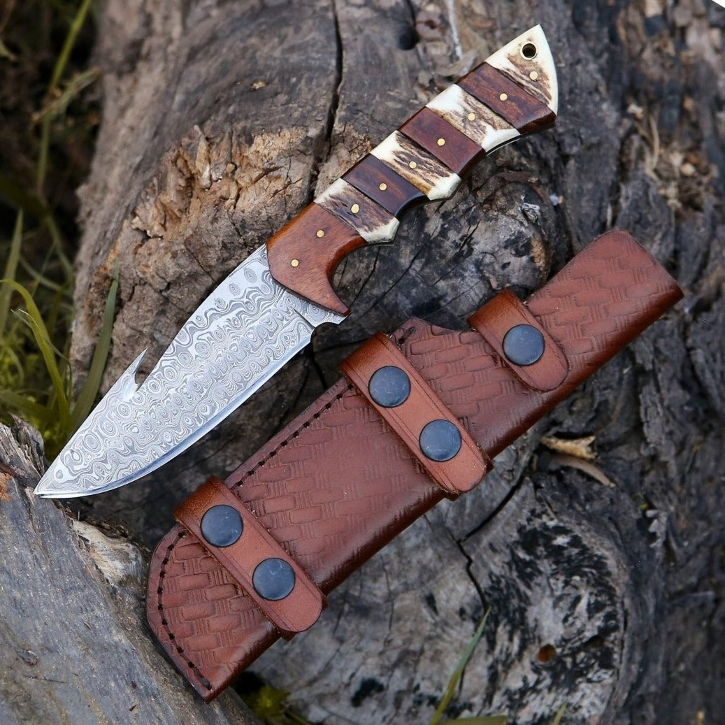 Sentinel Gut Hook Hunting Knife With Antler & Exotic Rose Wood Mosaic Handle