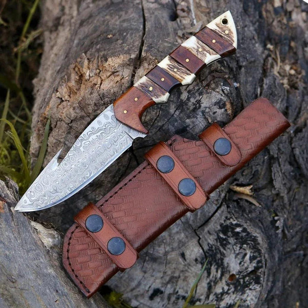 Sentinel Gut Hook Hunting Knife With Antler & Exotic Rose Wood Mosaic Handle - Gifts for You 'n Me