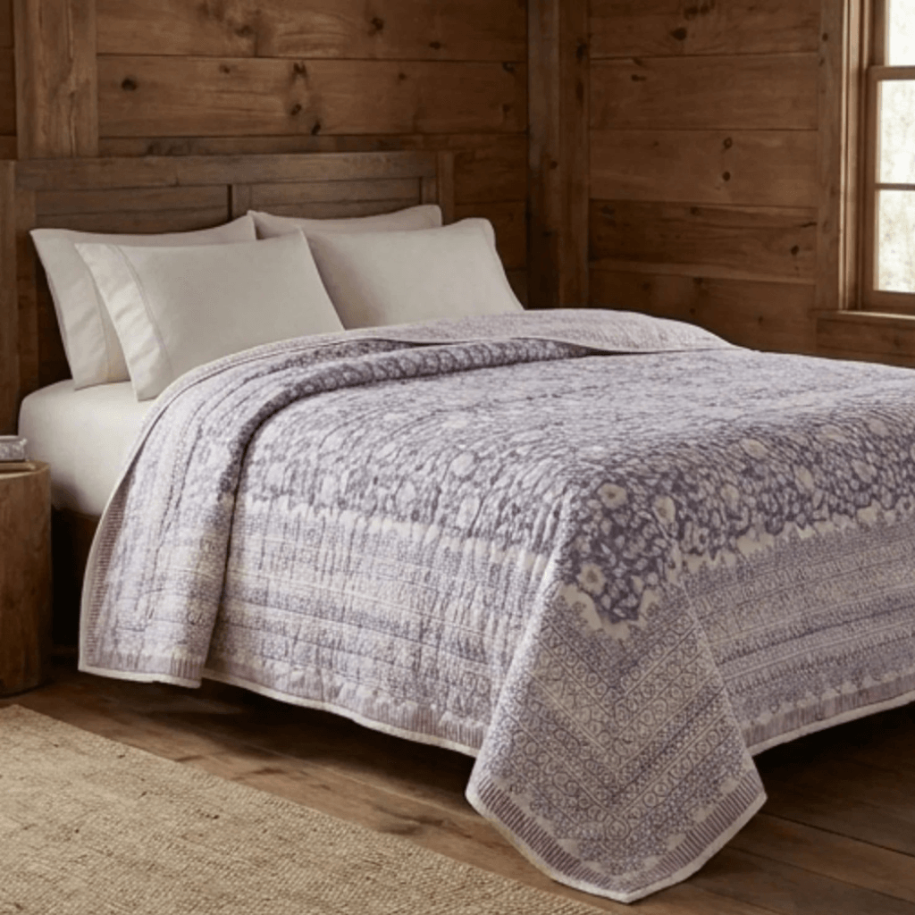 Cream & Sage Green Floral Jaipur Indian Hand Block Print Quilted Comforter