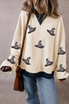 Sequin Hat Print Long Sleeve Sweatshirt - Ivory / L