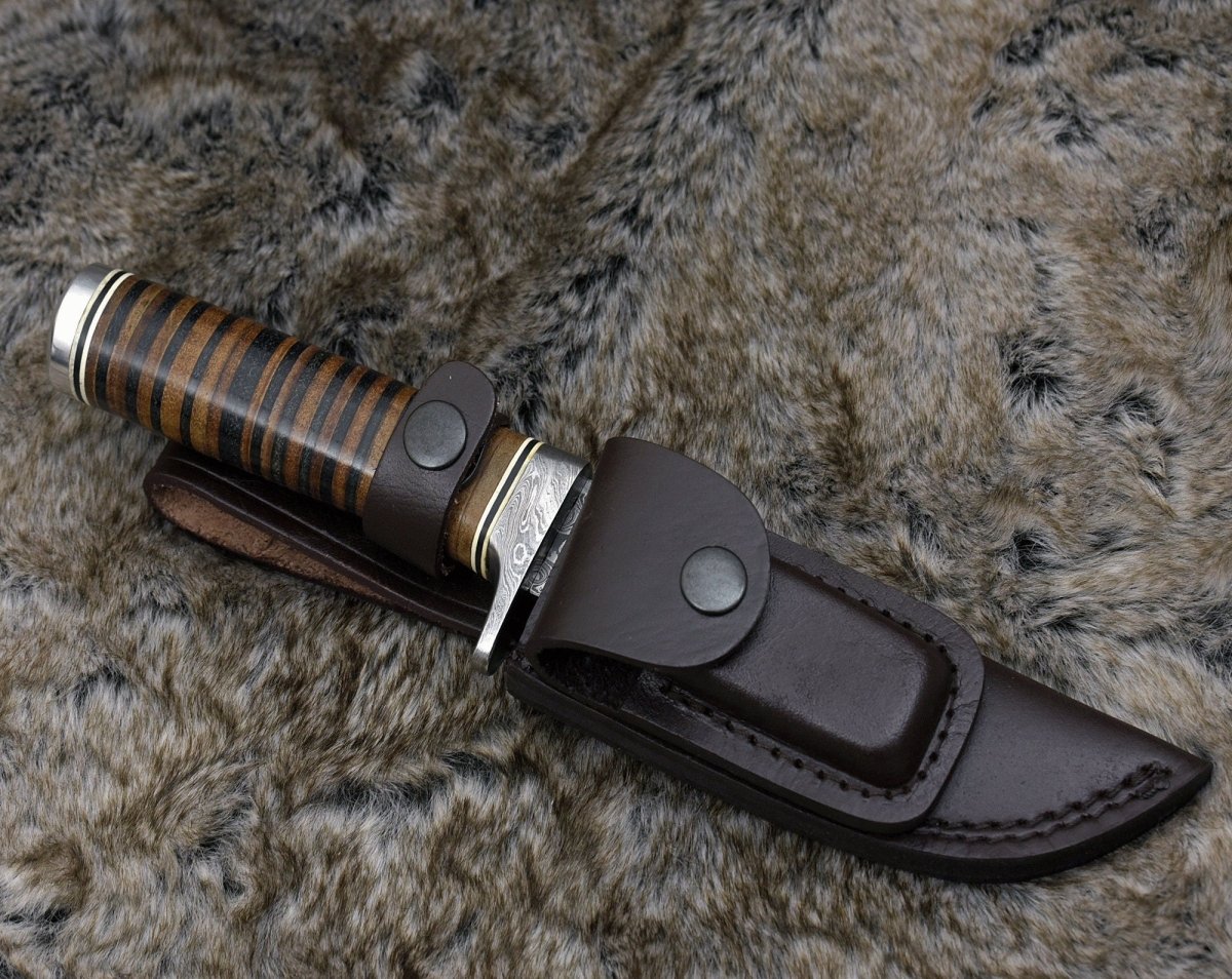 Serenity Damascus Hunting Knife with Stacked Leather Handle
