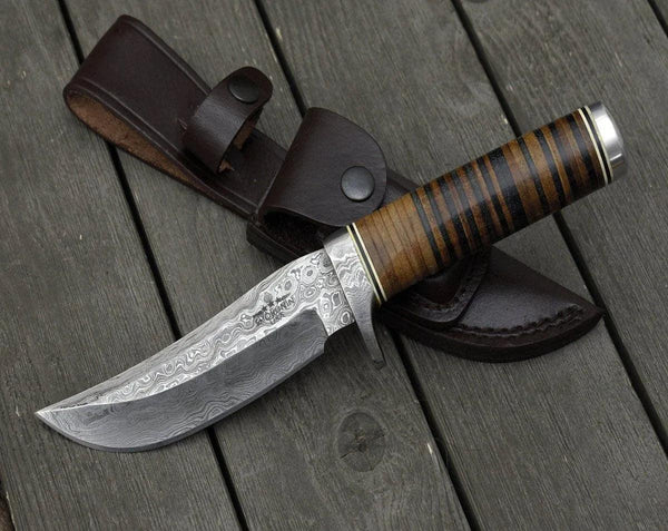 Serenity Damascus Hunting Knife with Stacked Leather Handle - Gifts for You 'n Me