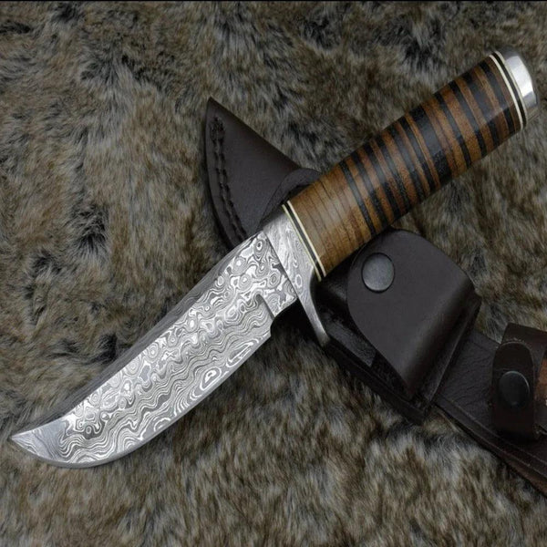 Serenity Damascus Hunting Knife with Stacked Leather Handle - Gifts for You 'n Me