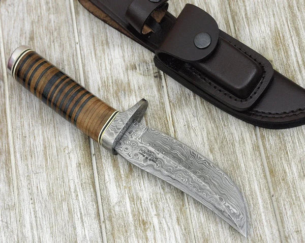 Serenity Damascus Hunting Knife with Stacked Leather Handle - Gifts for You 'n Me