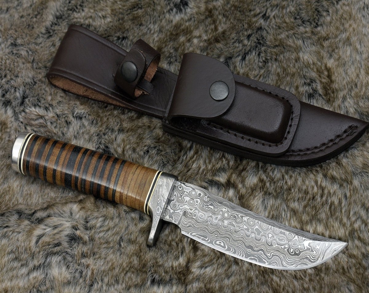 Serenity Damascus Hunting Knife with Stacked Leather Handle
