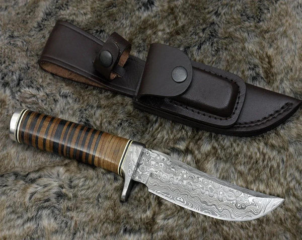 Serenity Damascus Hunting Knife with Stacked Leather Handle - Gifts for You 'n Me