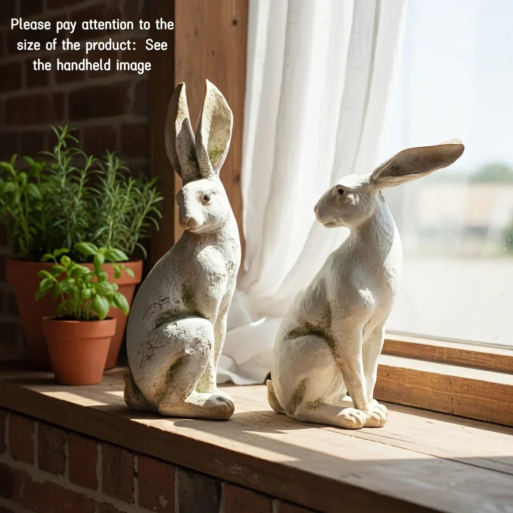 Set of 2 American-Style Long-Eared Rabbits with a Yellow And White Moss Design, Perfect for Spring And Summer. These Hand-Painted Resin Crafts Stand 12 Inches Tall And Make Great Decorative Gifts for Easter, Christmas, And Mo