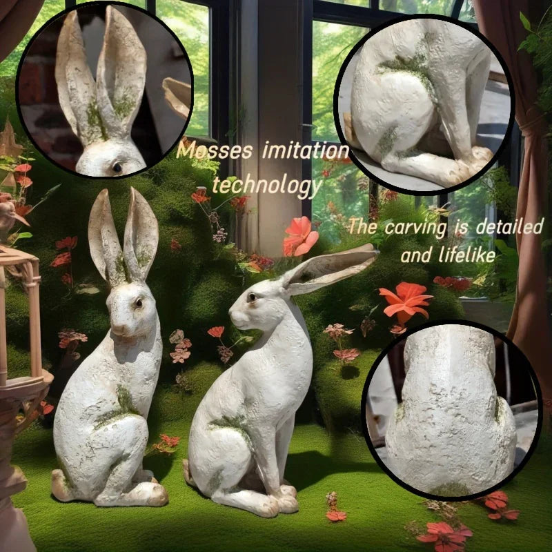 Set of 2 American-Style Long-Eared Rabbits with a Yellow And White Moss Design, Perfect for Spring And Summer. These Hand-Painted Resin Crafts Stand 12 Inches Tall And Make Great Decorative Gifts for Easter, Christmas, And Mo