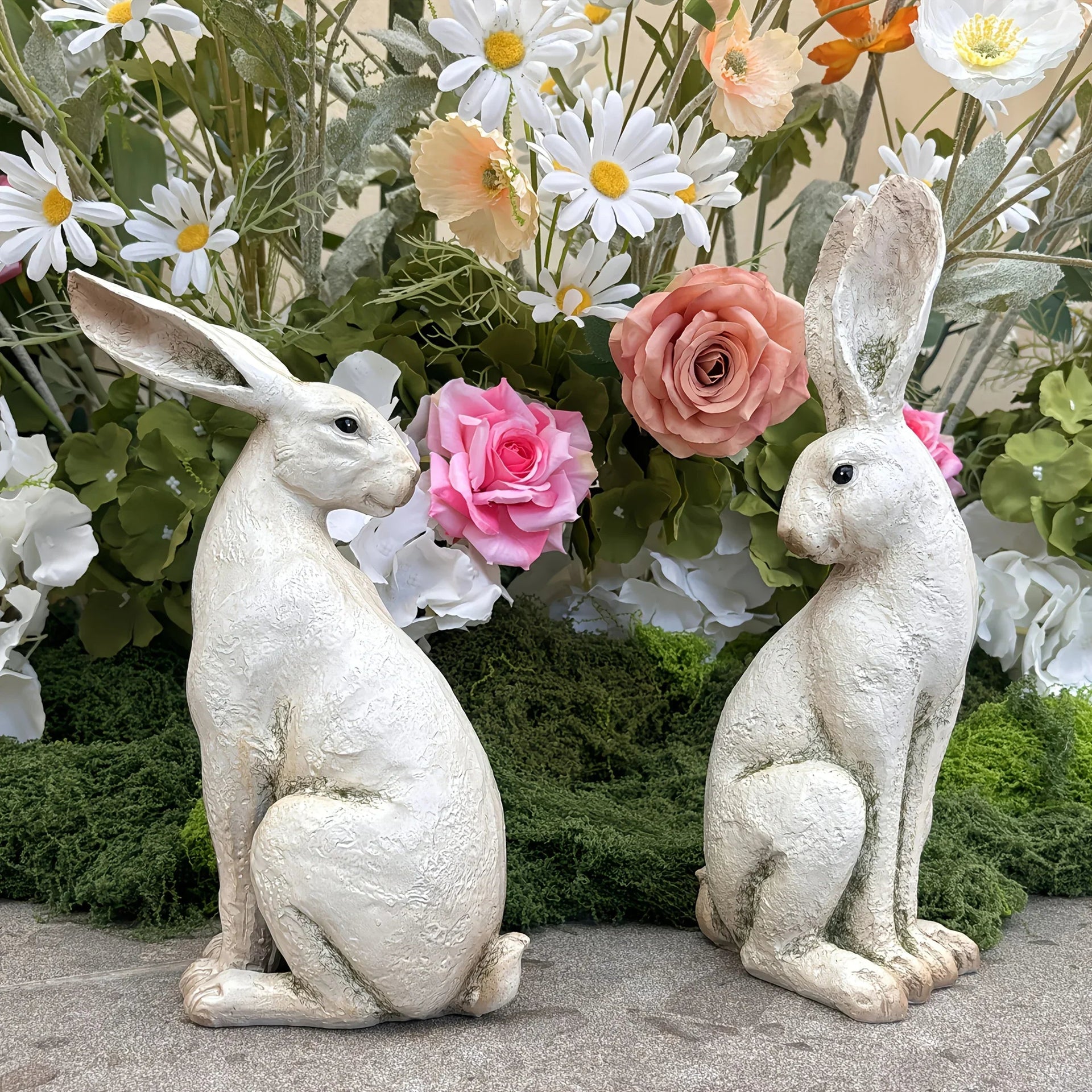 Set of 2 American-Style Long-Eared Rabbits with a Yellow And White Moss Design, Perfect for Spring And Summer. These Hand-Painted Resin Crafts Stand 12 Inches Tall And Make Great Decorative Gifts for Easter, Christmas, And Mo