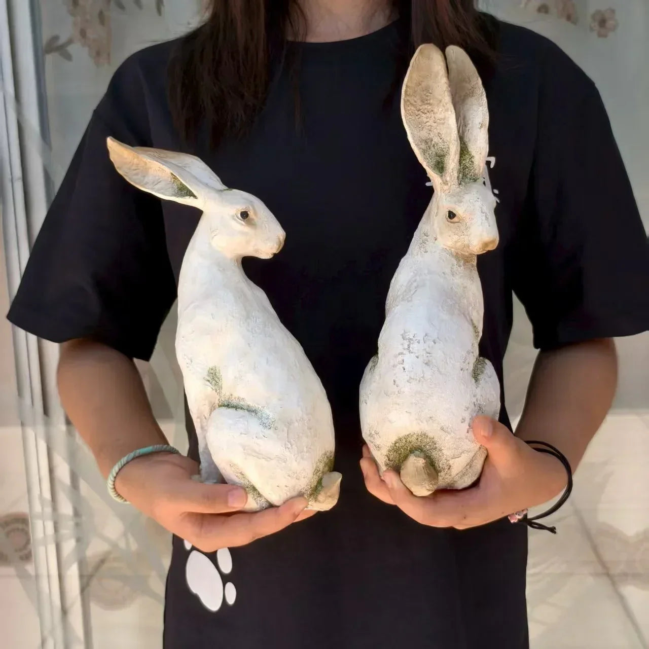 Set of 2 American-Style Long-Eared Rabbits with a Yellow And White Moss Design, Perfect for Spring And Summer. These Hand-Painted Resin Crafts Stand 12 Inches Tall And Make Great Decorative Gifts for Easter, Christmas, And Mo