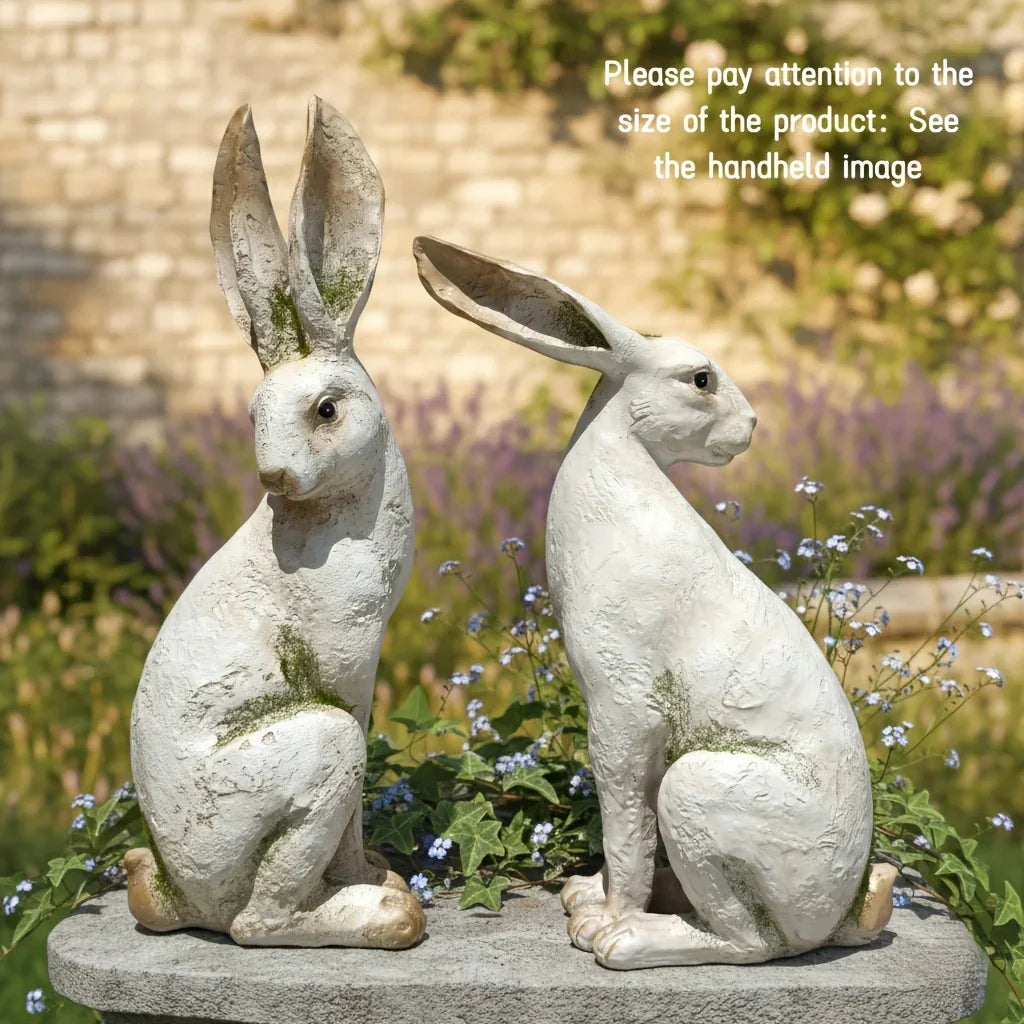 Set of 2 American-Style Long-Eared Rabbits with a Yellow And White Moss Design, Perfect for Spring And Summer. These Hand-Painted Resin Crafts Stand 12 Inches Tall And Make Great Decorative Gifts for Easter, Christmas, And Mo