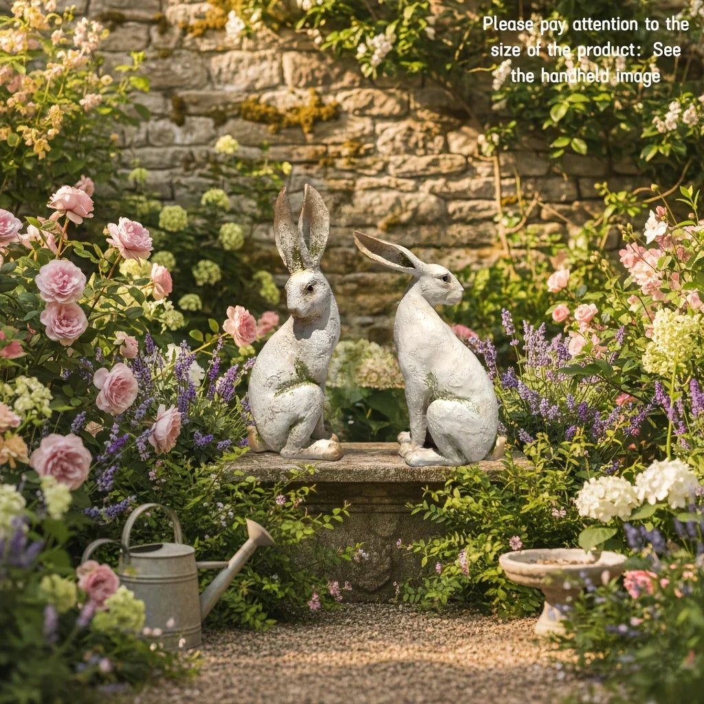 Set of 2 American-Style Long-Eared Rabbits with a Yellow And White Moss Design, Perfect for Spring And Summer. These Hand-Painted Resin Crafts Stand 12 Inches Tall And Make Great Decorative Gifts for Easter, Christmas, And Mo