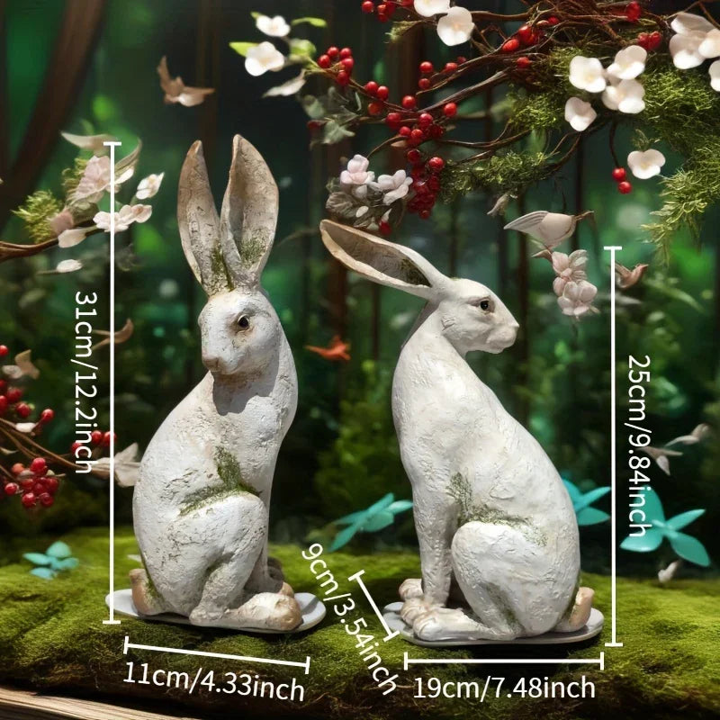 Set of 2 American-Style Long-Eared Rabbits with a Yellow And White Moss Design, Perfect for Spring And Summer. These Hand-Painted Resin Crafts Stand 12 Inches Tall And Make Great Decorative Gifts for Easter, Christmas, And Mo