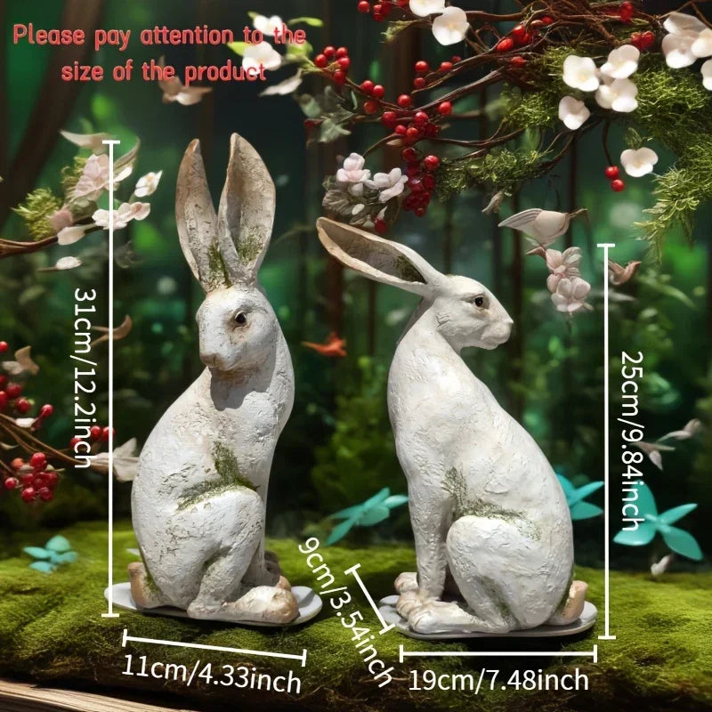 Set of 2 American-Style Long-Eared Rabbits with a Yellow And White Moss Design, Perfect for Spring And Summer. These Hand-Painted Resin Crafts Stand 12 Inches Tall And Make Great Decorative Gifts for Easter, Christmas, And Mo