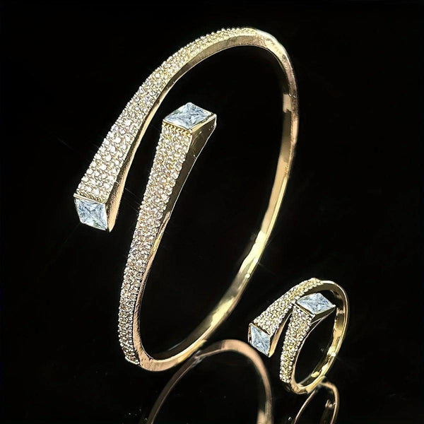 Set Of 2 Bracelets + Rings Set. Hot Selling Explosive Style With Super Shiny Irregular Geometric Synthetic Zirconia. Niche Design, Fashionable, Simple And High-end Open Jewelry.