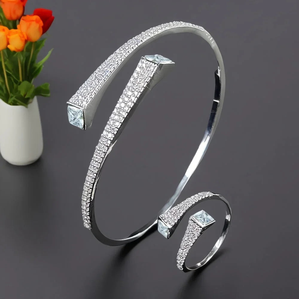 Set Of 2 Bracelets + Rings Set. Hot Selling Explosive Style With Super Shiny Irregular Geometric Synthetic Zirconia. Niche Design, Fashionable, Simple And High-end Open Jewelry.