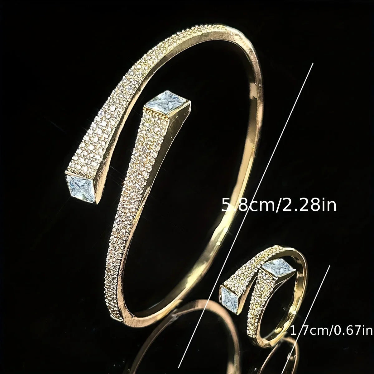 Set Of 2 Bracelets + Rings Set. Hot Selling Explosive Style With Super Shiny Irregular Geometric Synthetic Zirconia. Niche Design, Fashionable, Simple And High-end Open Jewelry.