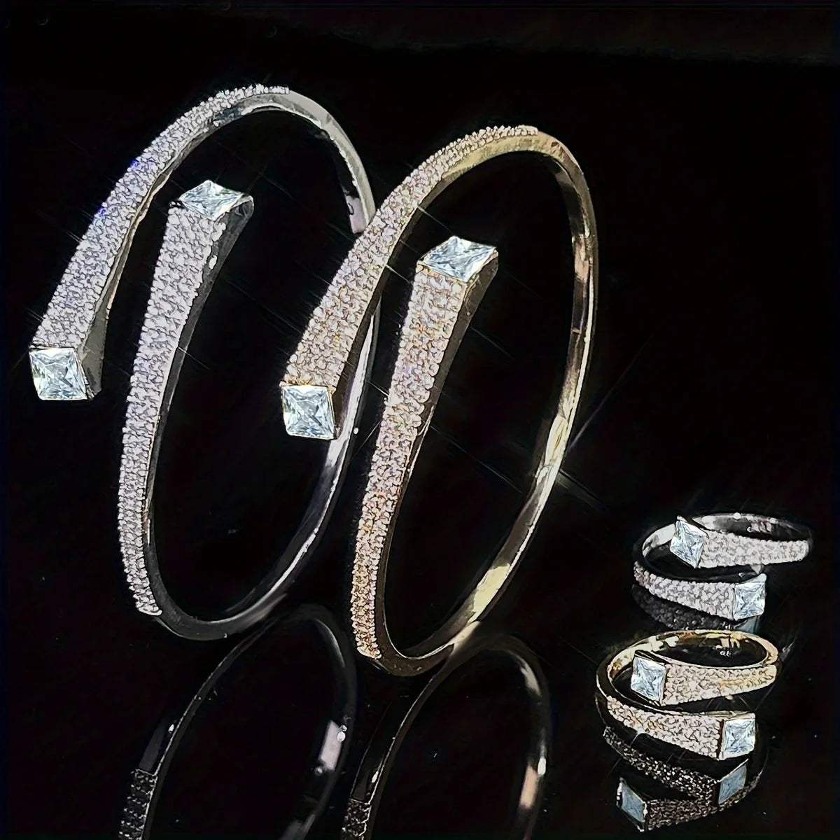 Set Of 2 Bracelets + Rings Set. Hot Selling Explosive Style With Super Shiny Irregular Geometric Synthetic Zirconia. Niche Design, Fashionable, Simple And High-end Open Jewelry.