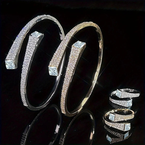Set Of 2 Bracelets + Rings Set. Hot Selling Explosive Style With Super Shiny Irregular Geometric Synthetic Zirconia. Niche Design, Fashionable, Simple And High-end Open Jewelry.