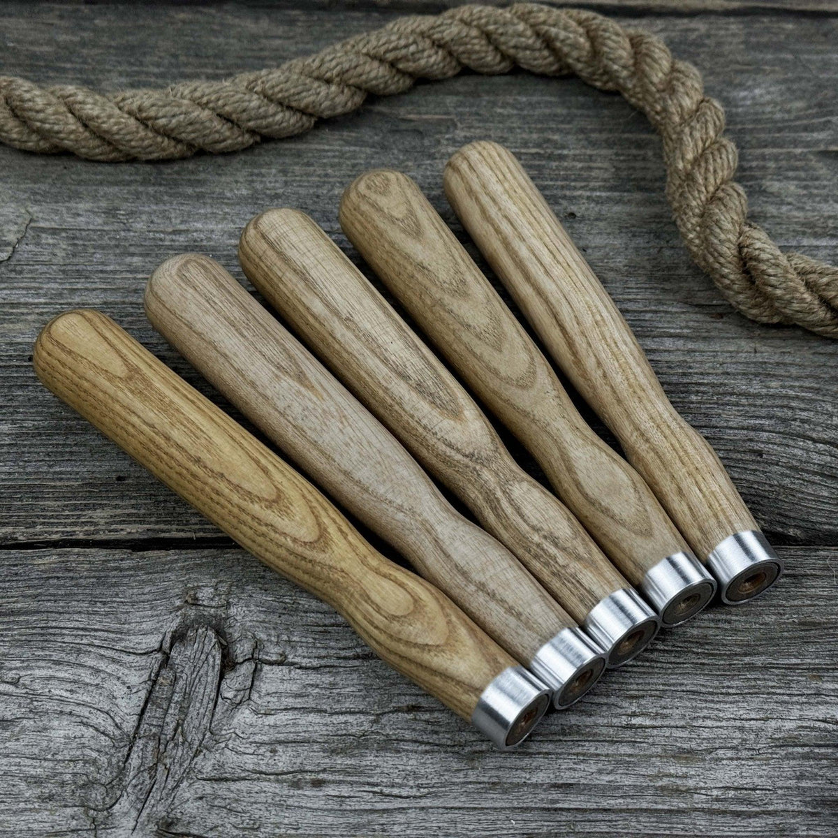 Set of 5 Ash Wood Handles for Chisels and Gouges with Aluminum Rings