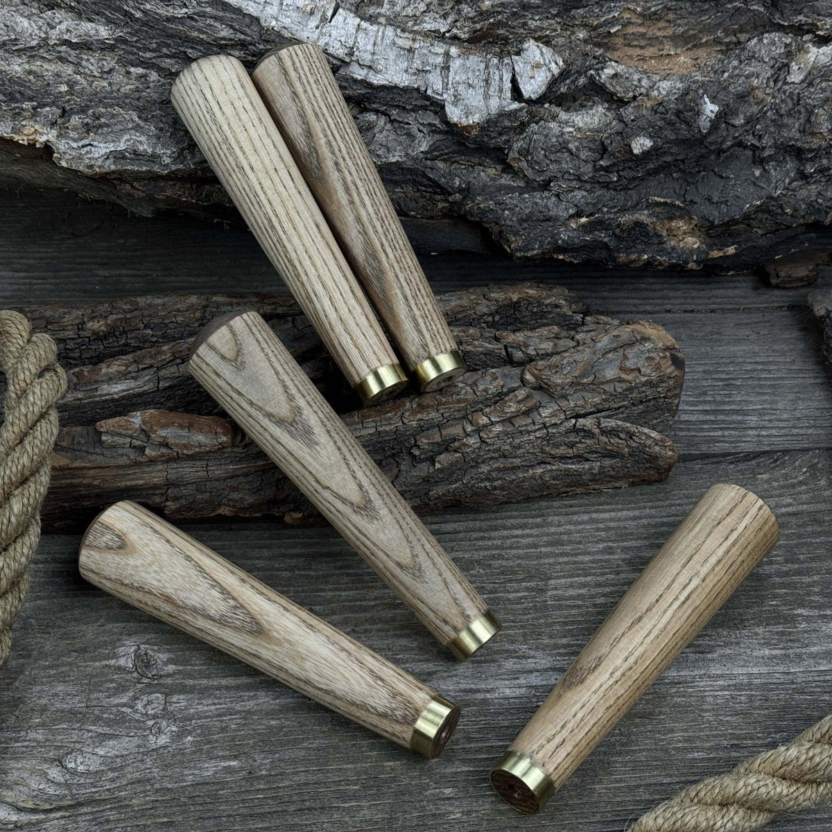 Set of 5 Tapered Ash Wood Handles with Brass Rings