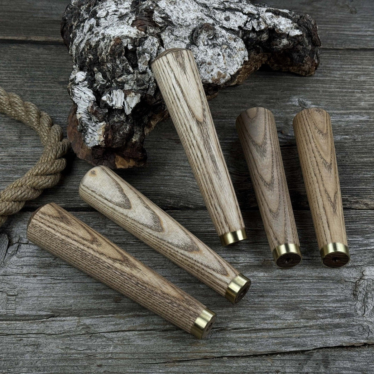 Set of 5 Tapered Ash Wood Handles with Brass Rings