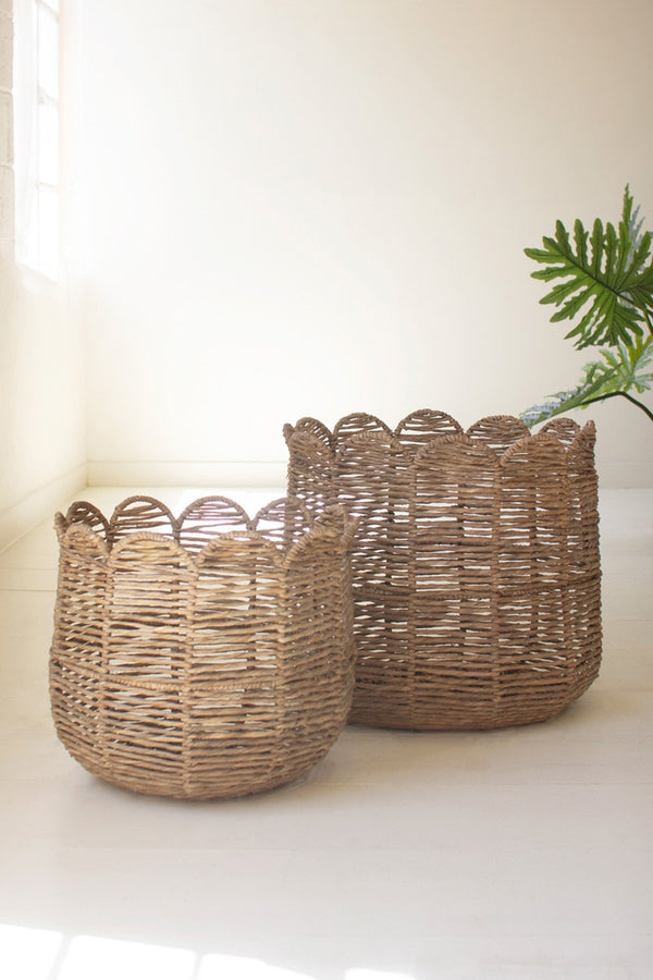 set of 2 iron and seagrass scalloped baskets