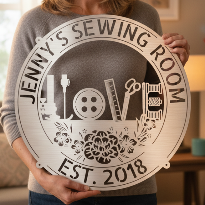 Sewing Love - Personalized Metal Sign for Sewing Room Decor