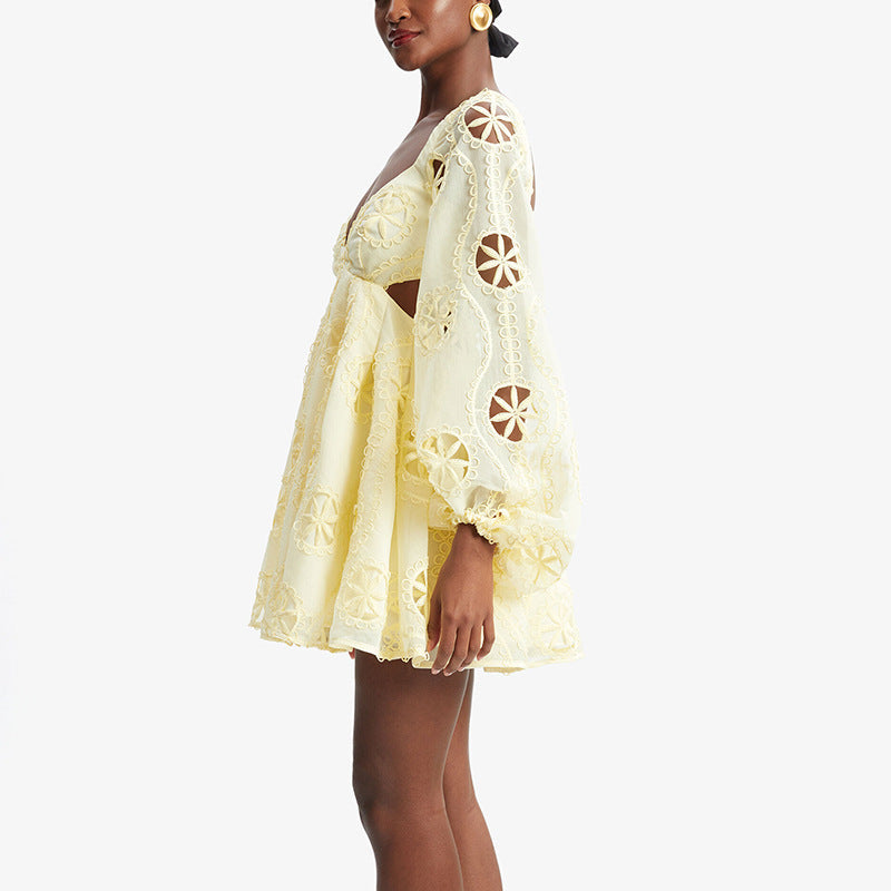 Sexy deep V-neck bubble sleeve solid color short skirt with hollowed out backless design dress for women