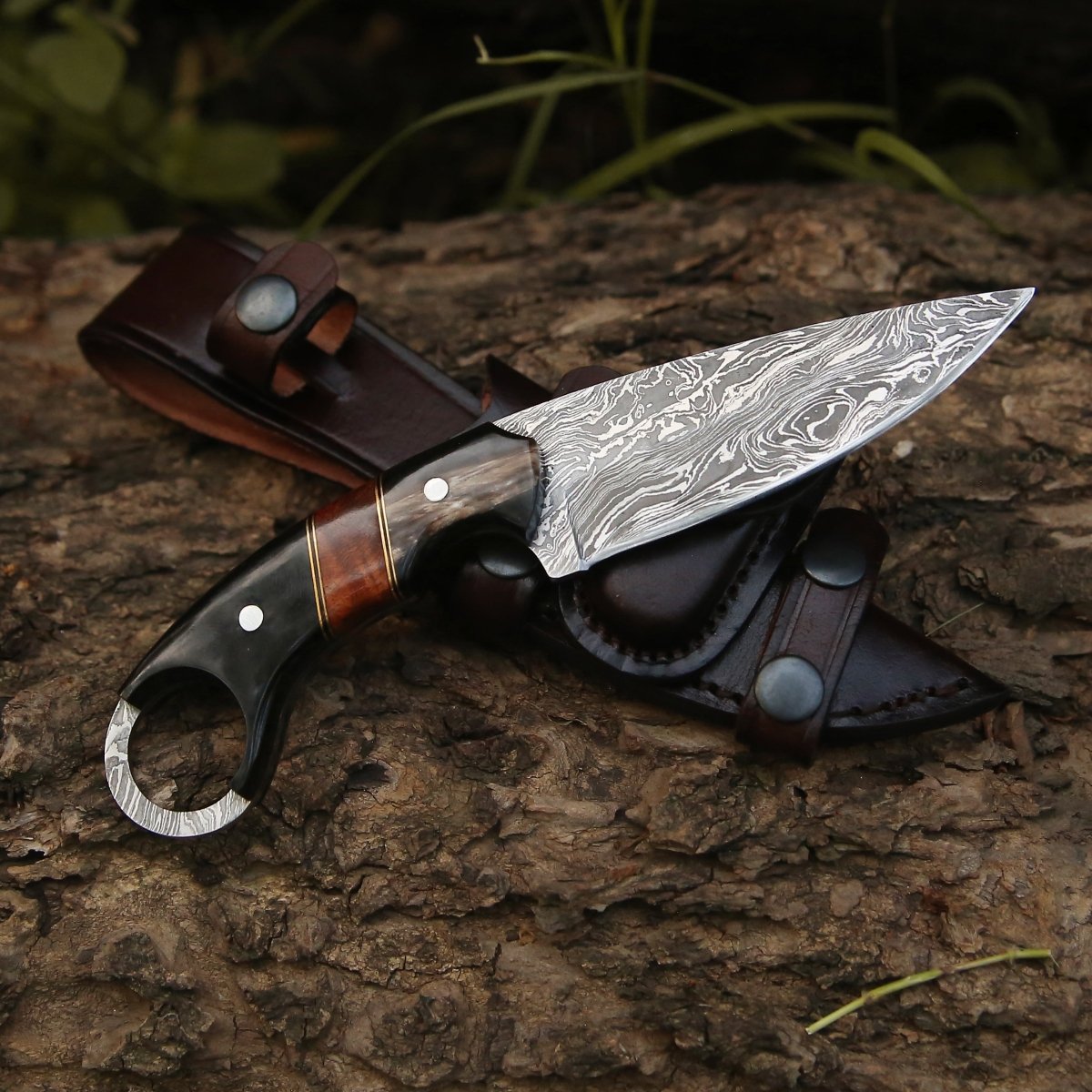Shadow Damascus Knife with Horn & Exotic Rose Wood Handle