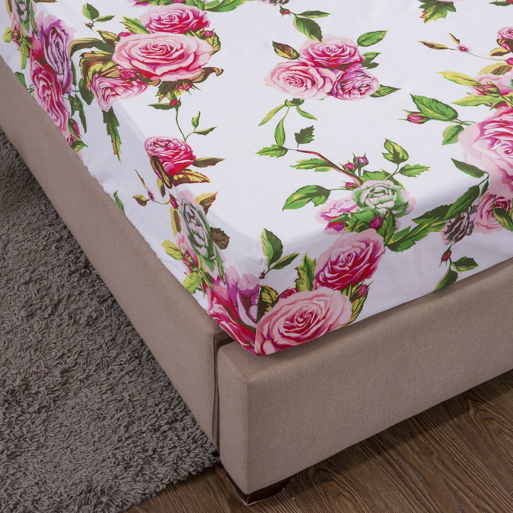 DaDa Bedding Romantic Roses Lovely Spring Pink Floral Fitted Bed Sheet w/ Pillow Cases (JHW879-Fitted)