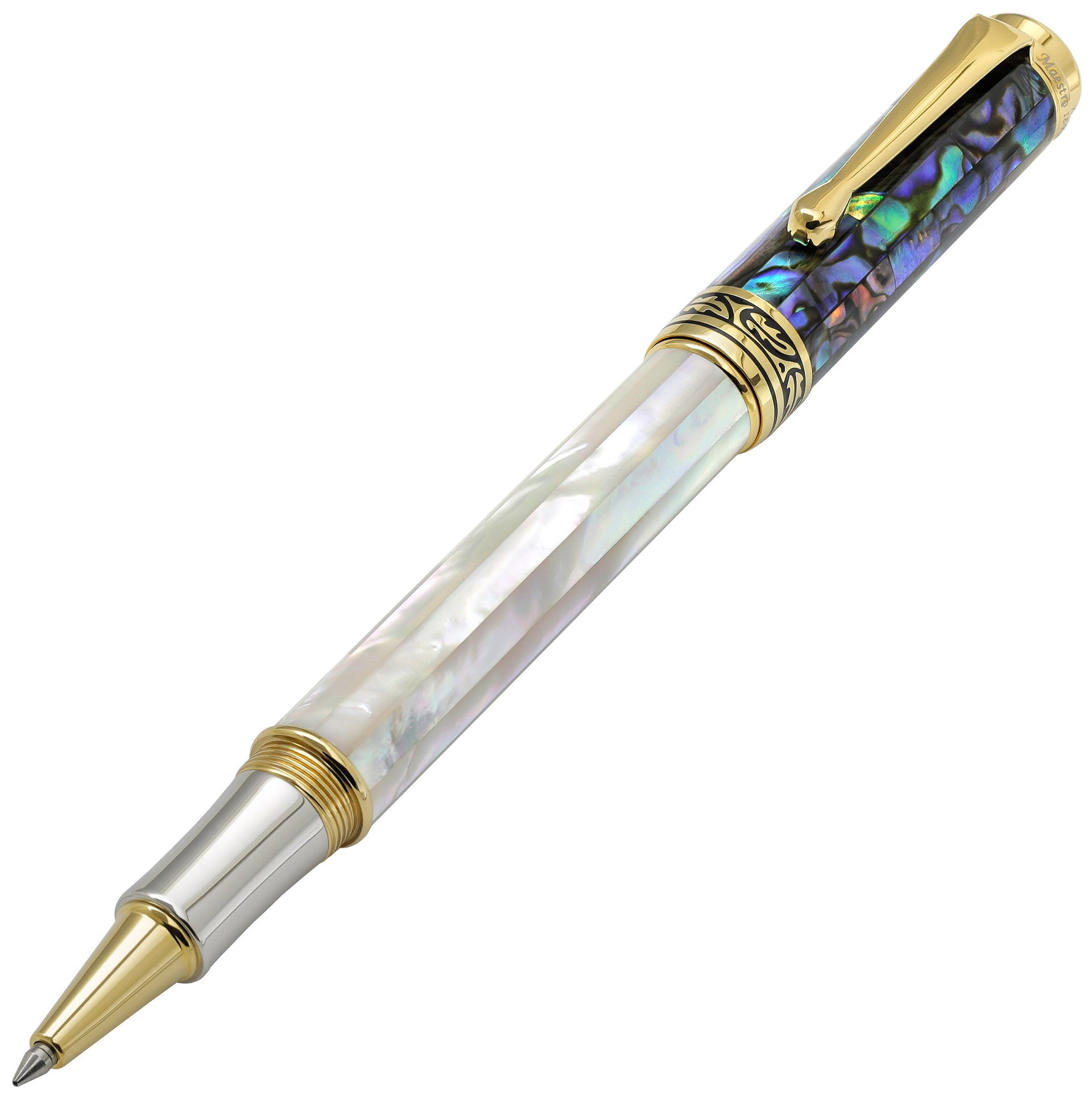Maestro® 18K Gold Plated Fountain Pen (Fine Nib) and Rollerball Pen Set - Oceanic White Mother of Pearl & Paua Abalone