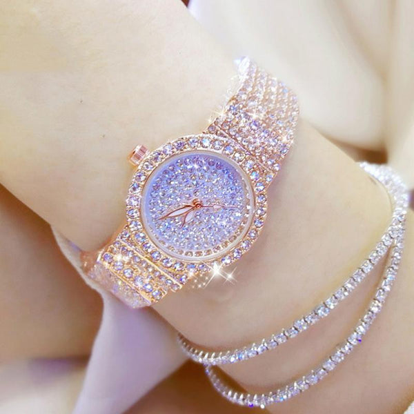 Shiny Women Watches Luxury Small Dial Rose Gold Watches Ladies Stainless Steel Iced Out Watch With Quartz Movement Crystal Rhinestone Diamond Watches For Women Stainless Steel Elegant Women Wristwatch