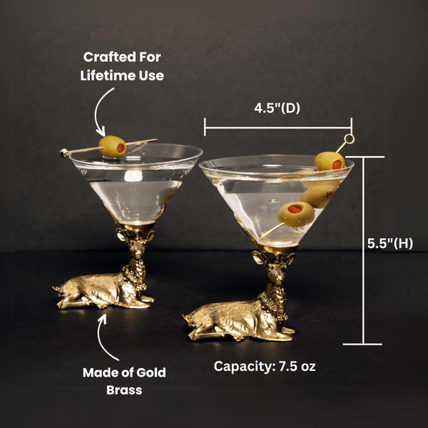 Gold Stag Deer Martini Glasses Jersey Art Glass