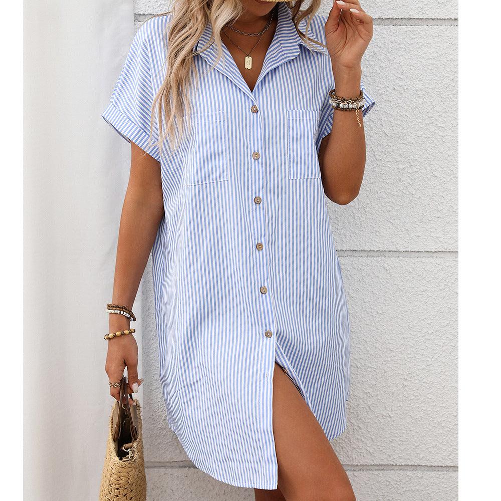 Short sleeved striped dress mid length shirt for women
