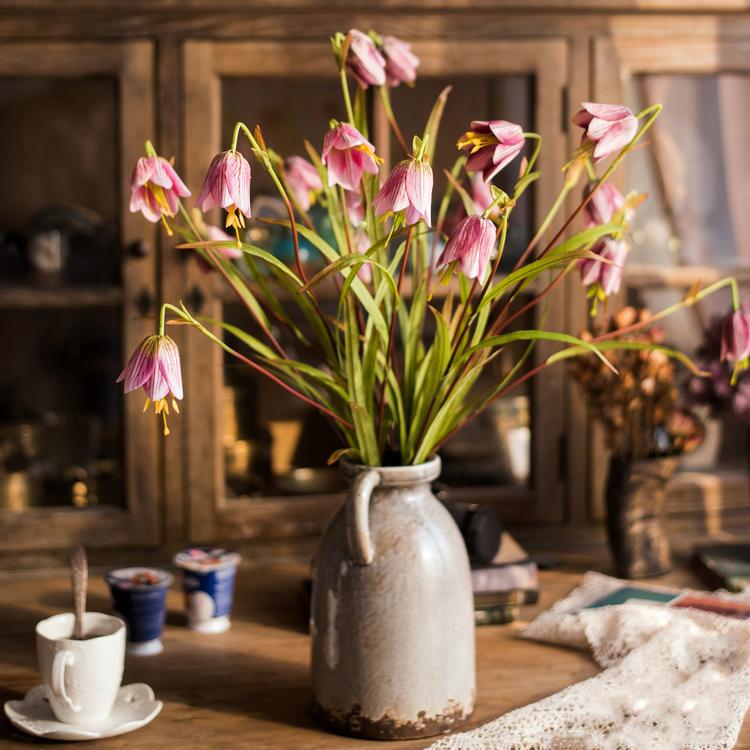 Faux Silk Fritillaries Lily Flower Stem in Pink or Purple 26