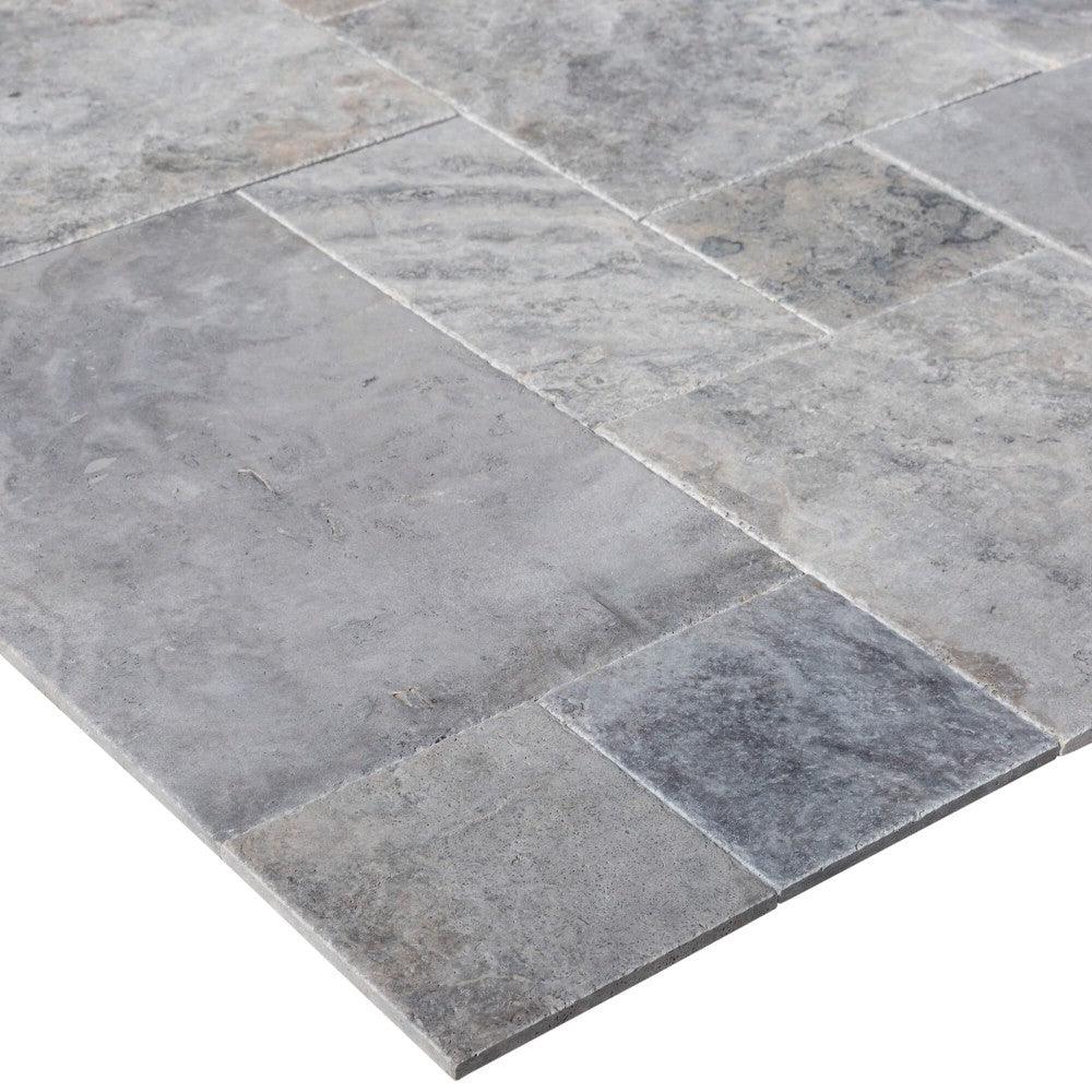 Silver Antique French Pattern Set Travertine Tile-Brushed and Chiseled