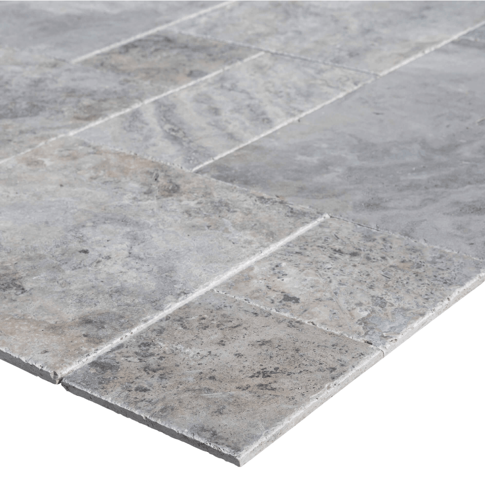 Silver Antique French Pattern Set Travertine Tile-Brushed and Chiseled