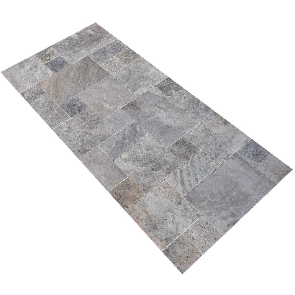Silver Antique French Pattern Set Travertine Tile-Brushed and Chiseled