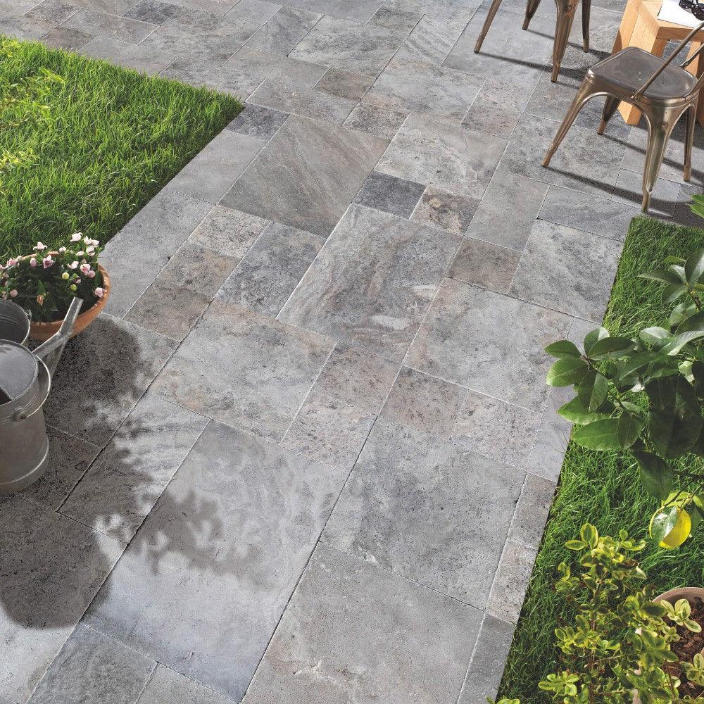 Silver Antique French Pattern Set Travertine Tile-Brushed and Chiseled
