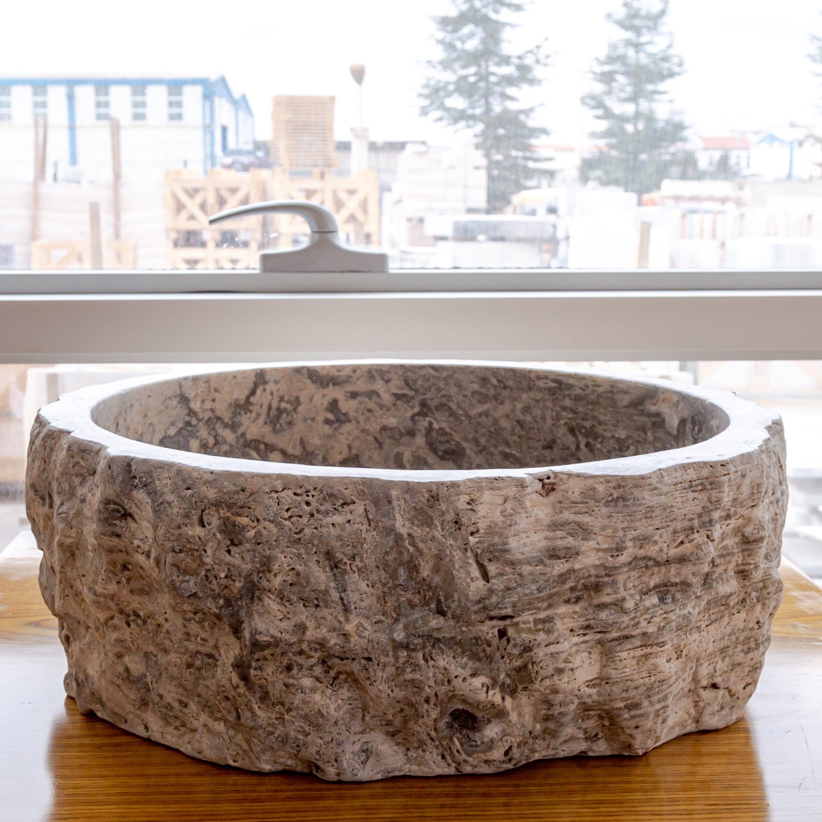Silver Travertine Rustic Stone Vessel Sink Honed Interior Hand Chiseled Exterior (D)16