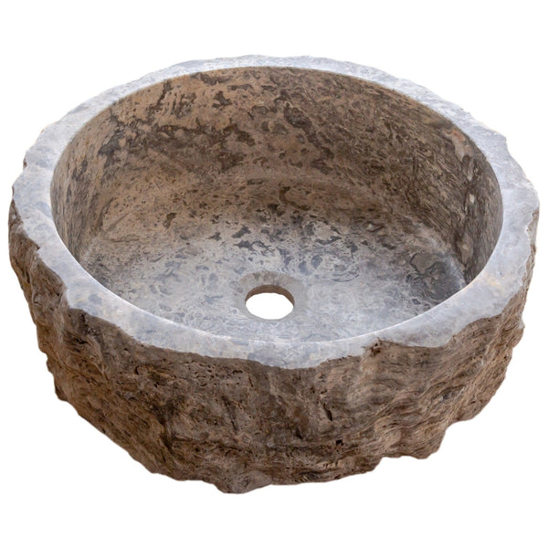 Silver Travertine Rustic Stone Vessel Sink Honed Interior Hand Chiseled Exterior (D)16