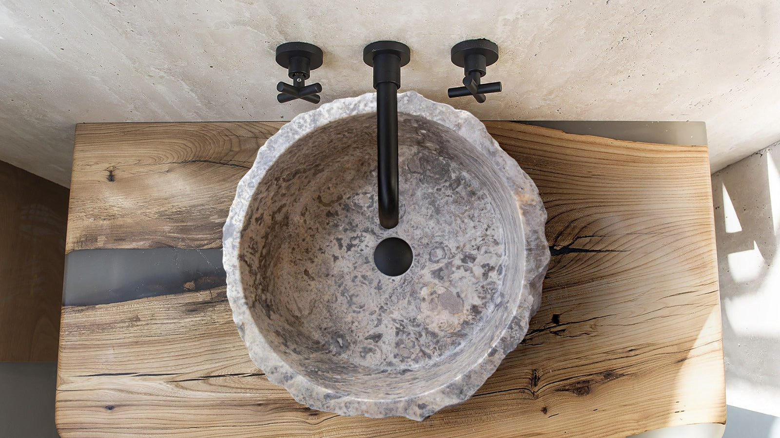 Silver Travertine Rustic Stone Vessel Sink Honed Interior Hand Chiseled Exterior (D)16