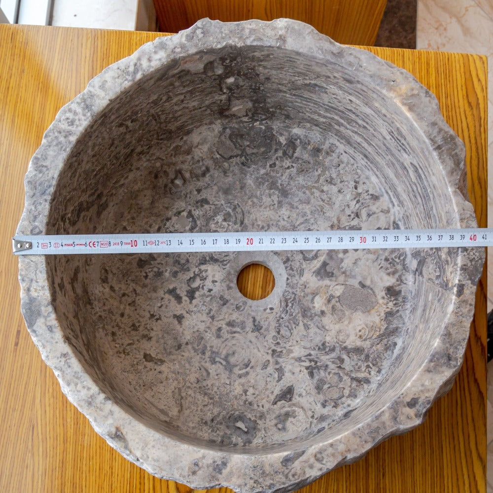 Silver Travertine Rustic Stone Vessel Sink Honed Interior Hand Chiseled Exterior (D)16